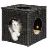 Rattan Cat Litter; Cat Bed with Rattan Ball and Cushion; Black