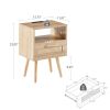 Rattan End table with Power Outlet & USB Ports ; Modern nightstand with drawer and solid wood legs; side table for living roon; bedroom; natural